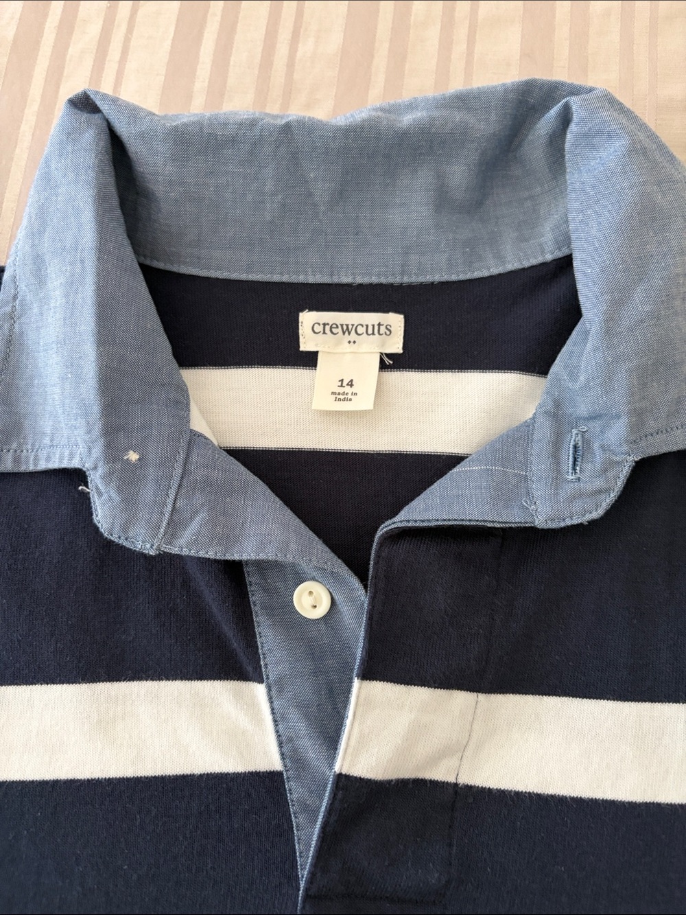 Crewcuts Navy and White Striped Polo with Chambray Collar